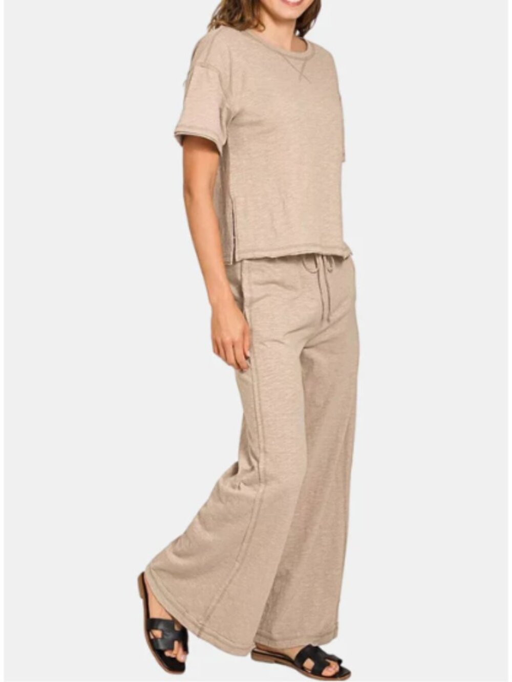 NEW Zenana 100% Cotton Relaxed Slub Short-Sleeved Top Pants Set Beige CSTP-3478 - Picture 16 of 16